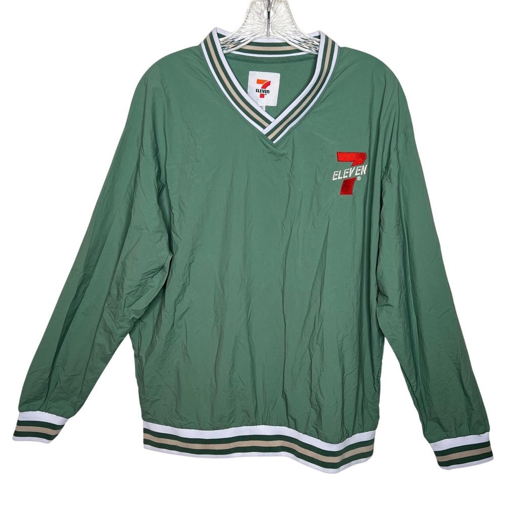 7 Eleven Pullover Windbreaker Jacket Green XL Embroidered Logo V Neck Athletic